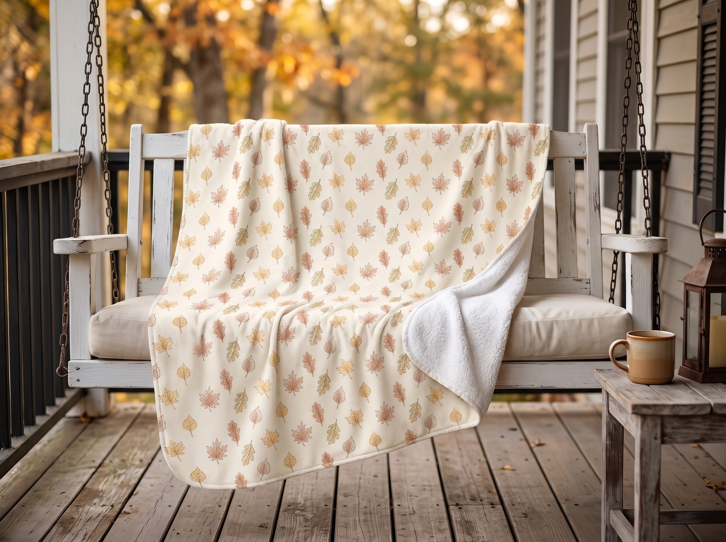 Autumn Leaves Sherpa Blanket, Neutral Fall Throw, Minimalist Cozy Autumn Blanket