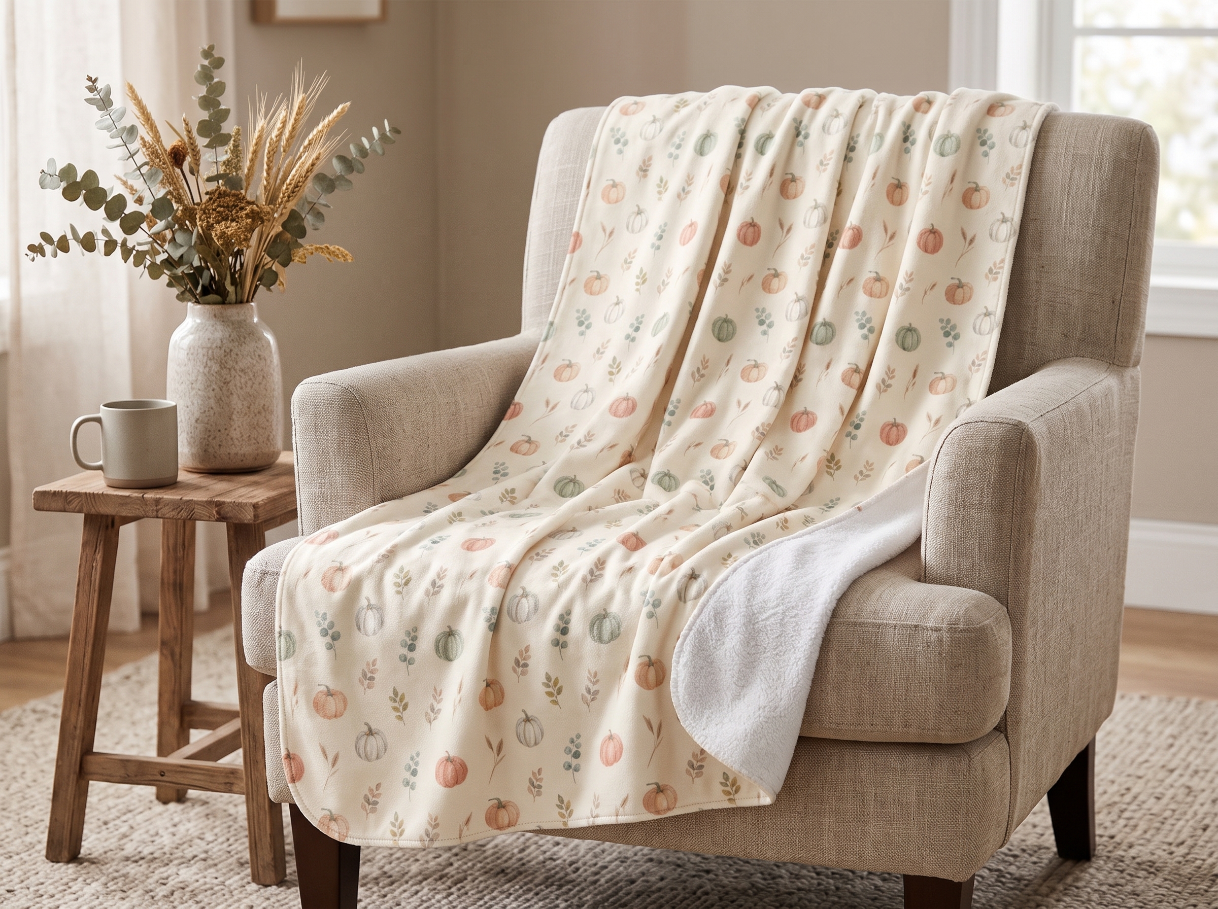 Watercolor Pumpkin Sherpa Blanket, Sage and Peach Neutral Fall Throw, Cozy Thanksgiving Blanket