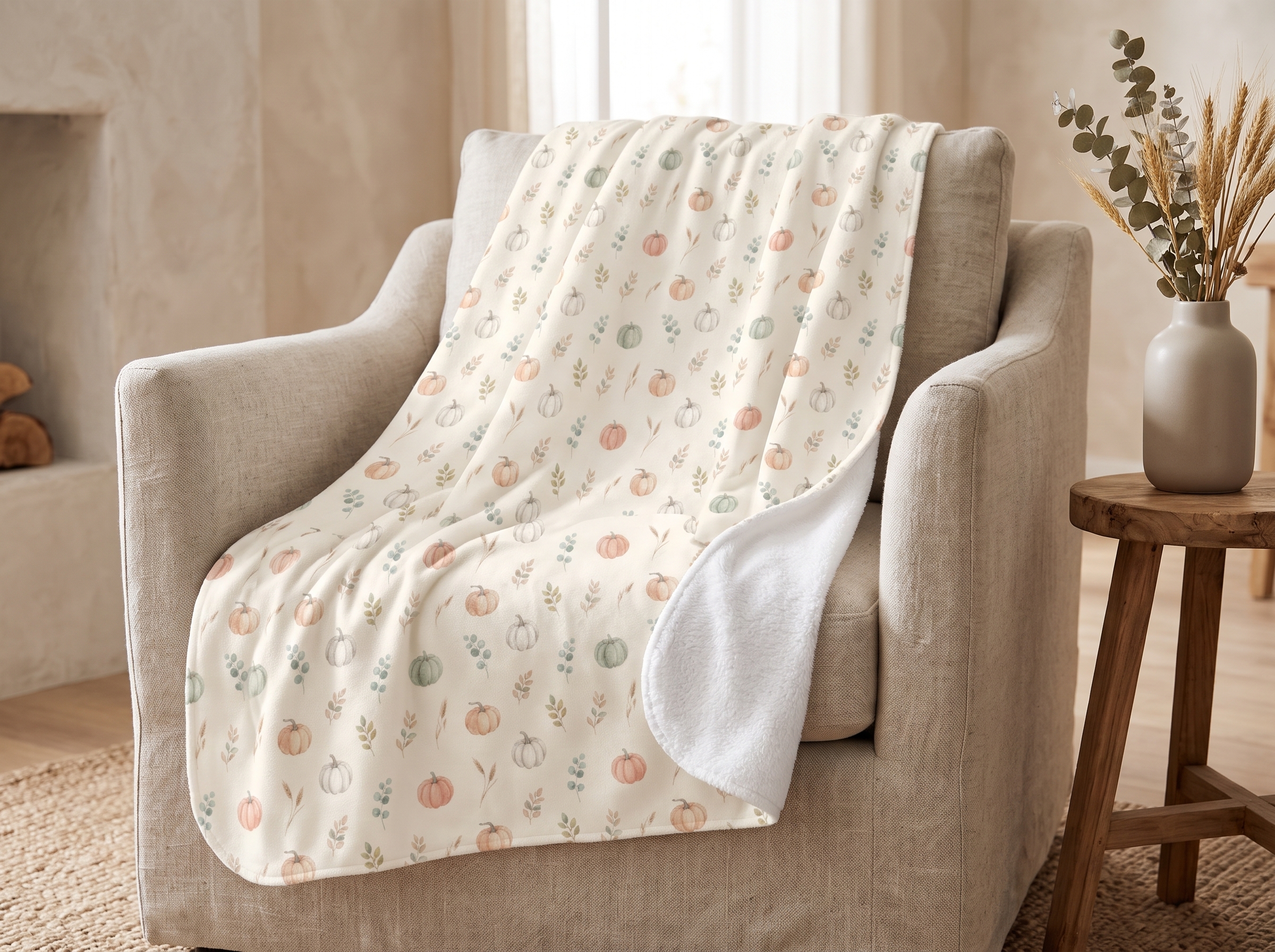 Watercolor Pumpkin Sherpa Blanket, Sage and Peach Neutral Fall Throw, Cozy Thanksgiving Blanket - Image 2
