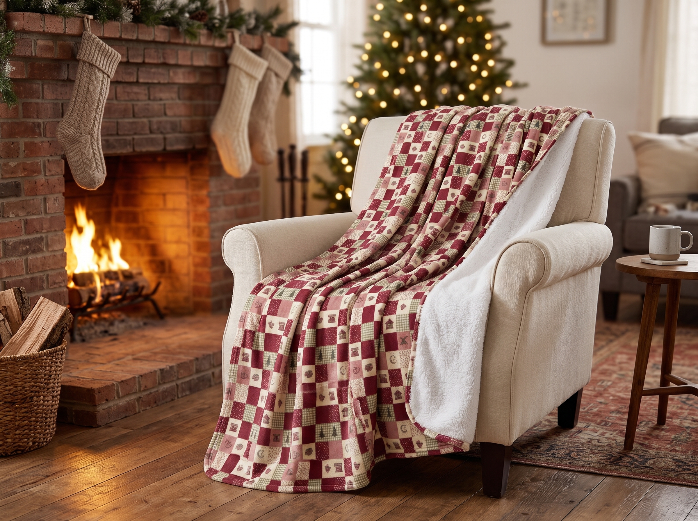 Cranberry Patchwork Sherpa Blanket, Quilt Look Christmas Throw, Cottagecore Holiday Blanket