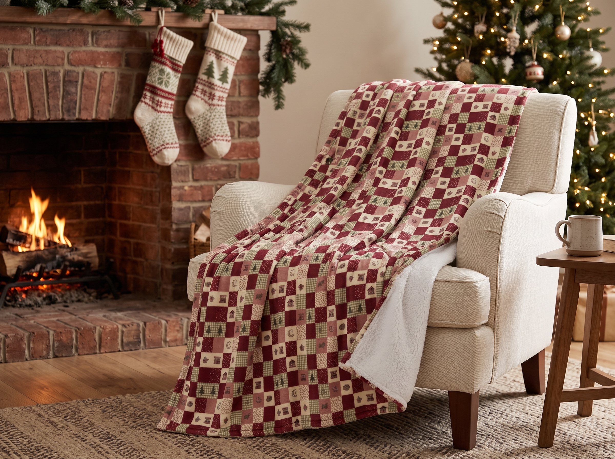 Cranberry Patchwork Sherpa Blanket, Quilt Look Christmas Throw, Cottagecore Holiday Blanket - Image 2