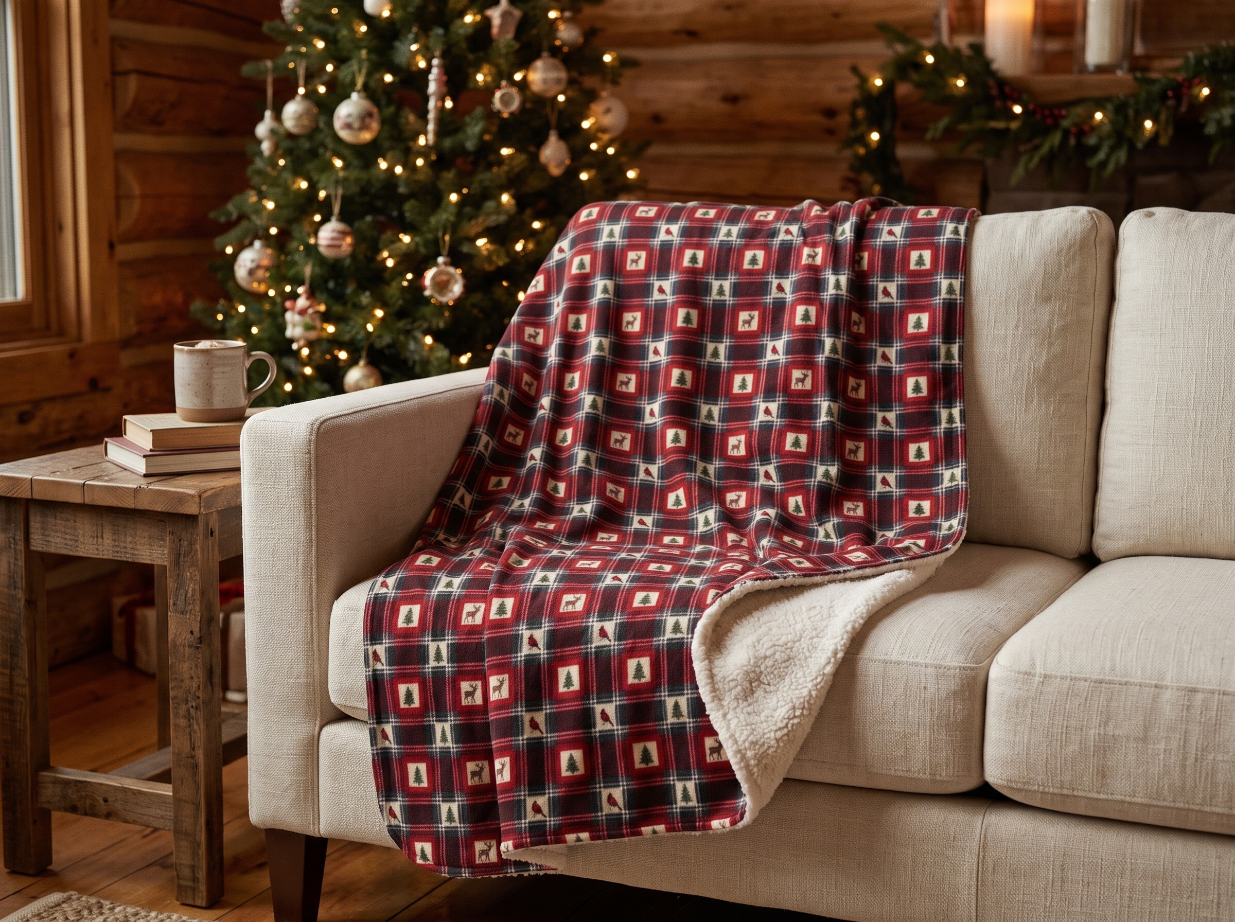 Buffalo Plaid Reindeer Sherpa Blanket, Red and Black Christmas Lodge Throw, Cozy Cabin Holiday Blanket