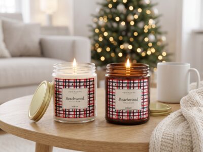 Cabin Morning Beachwood Candle, Cabin Plaid Christmas Decor, Amber or Clear Glass Jar