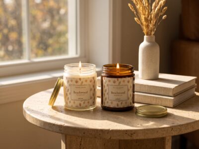Falling Leaves Beachwood Candle, Autumn Leaves Fall Decor, Amber or Clear Glass Jar