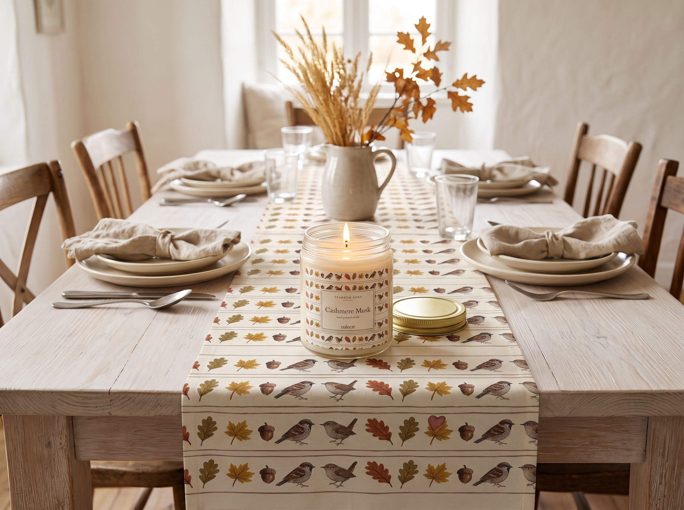 Fall Sparrow Table Runner, Hand-Drawn Bird Thanksgiving Table Decor, Autumn Dining Runner
