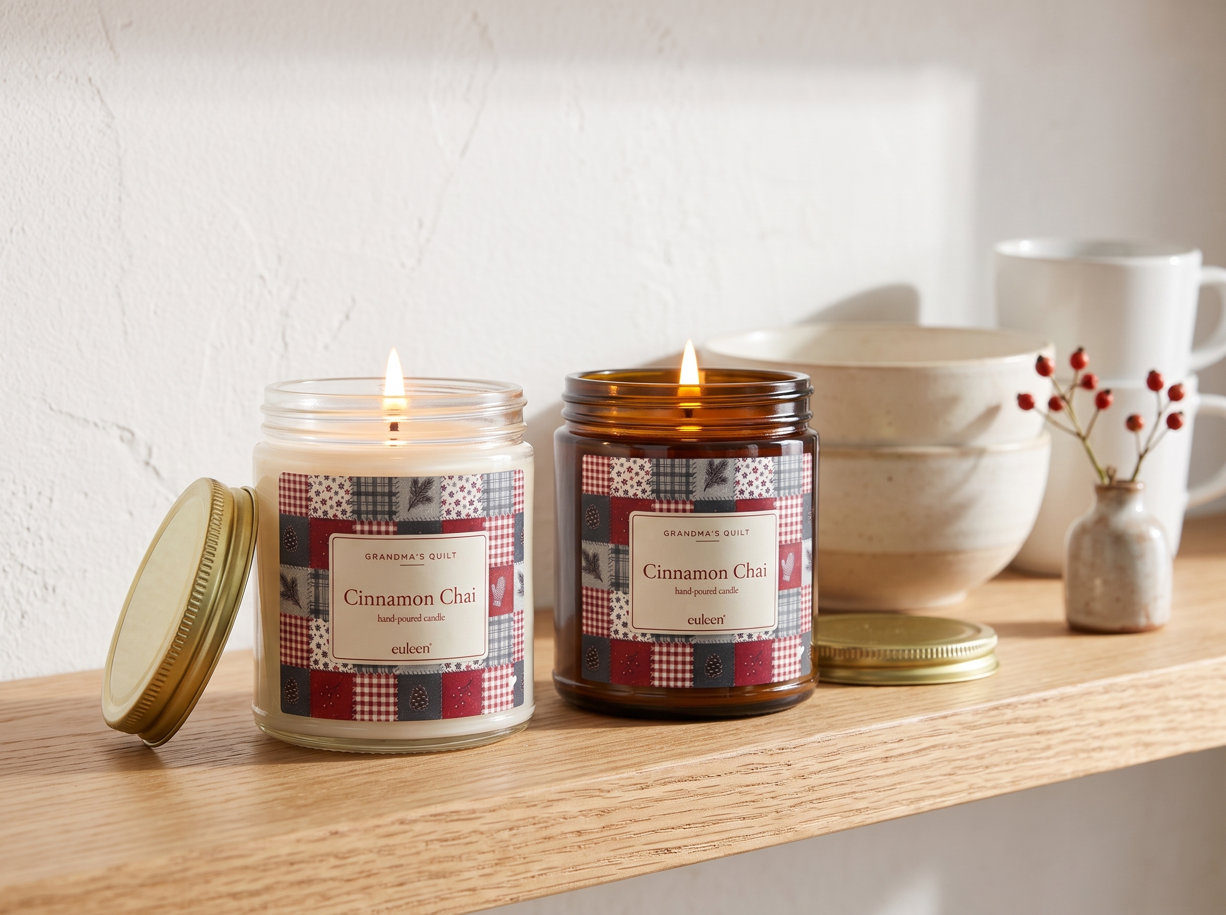 Grandma's Quilt Cinnamon Chai Candle, Patchwork Christmas Decor, Amber or Clear Glass Jar