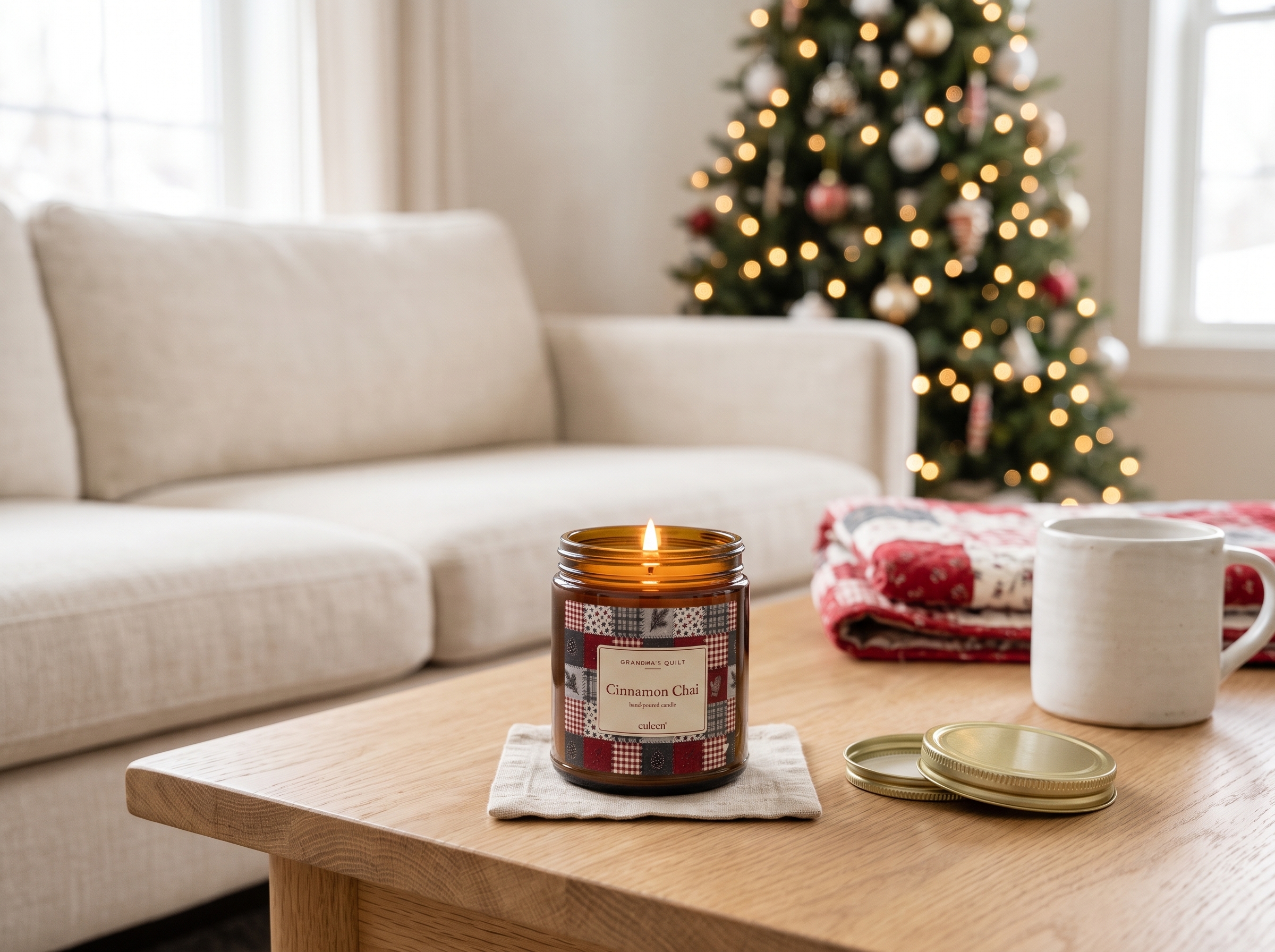 Grandma's Quilt Cinnamon Chai Candle, Patchwork Christmas Decor, Amber or Clear Glass Jar - Image 3