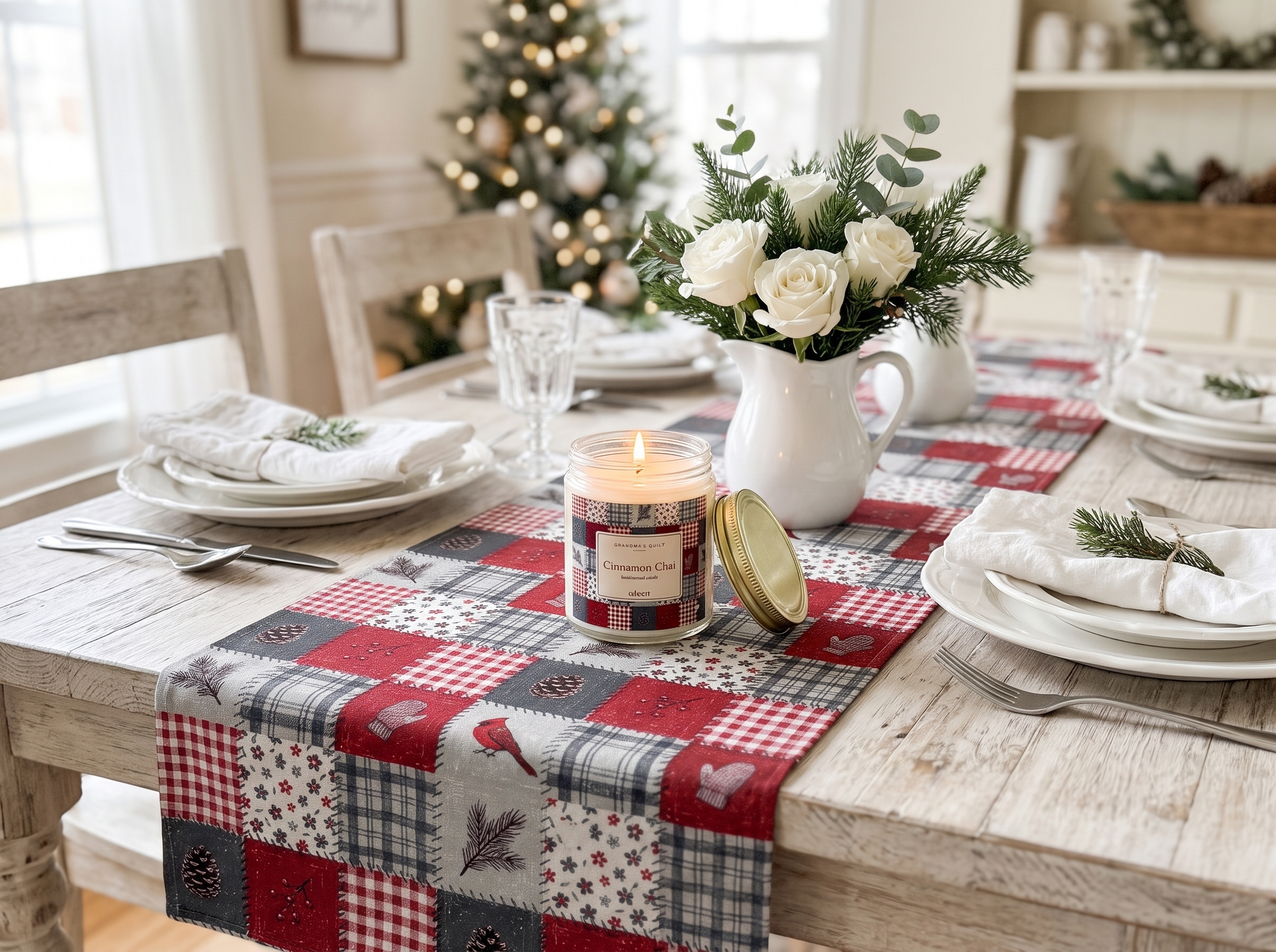 Grandma's Quilt Cinnamon Chai Candle, Patchwork Christmas Decor, Amber or Clear Glass Jar - Image 4