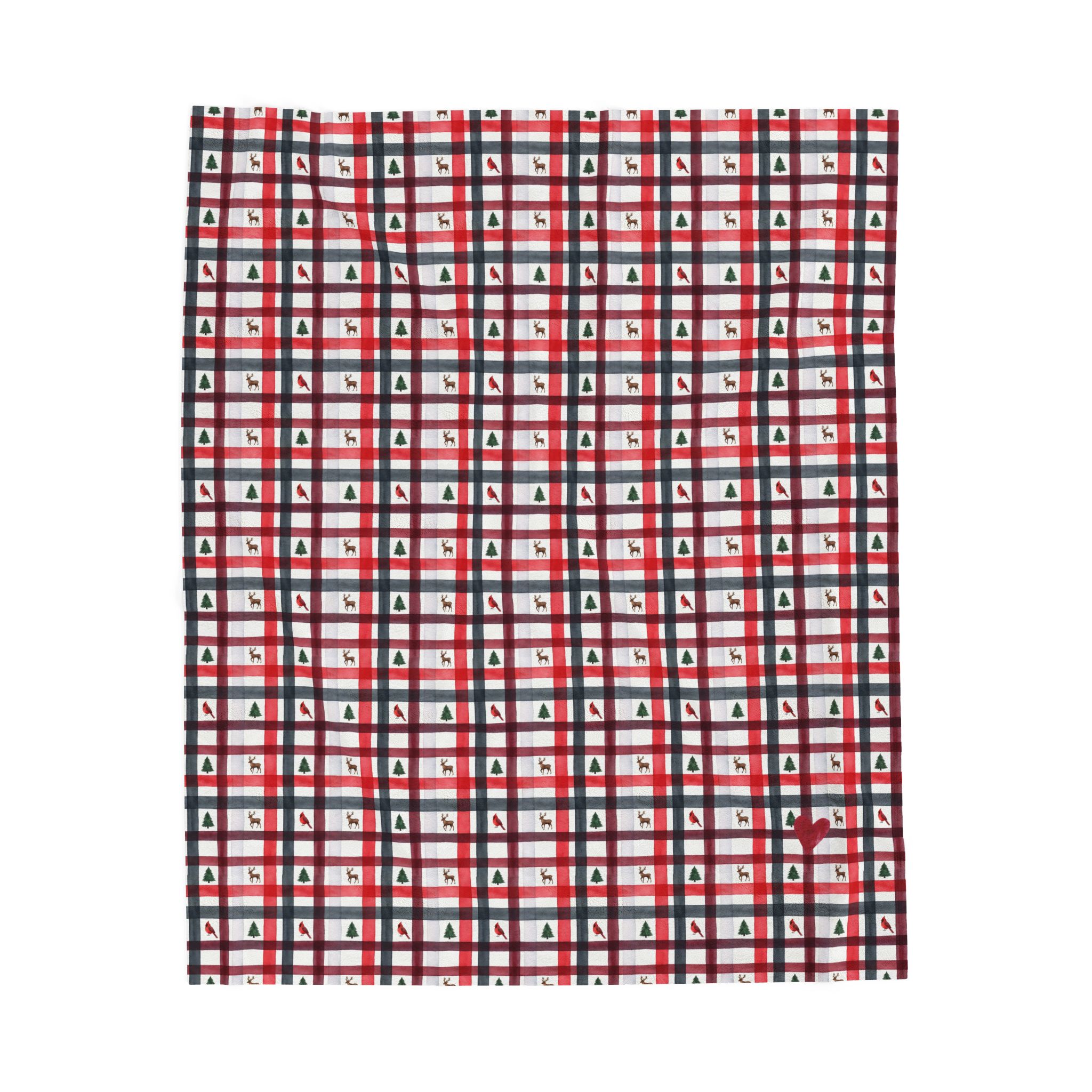 Red and White Christmas Plaid Velveteen Plush Blanket, Reindeer Cabin Throw, Cozy Holiday Blanket - Image 3