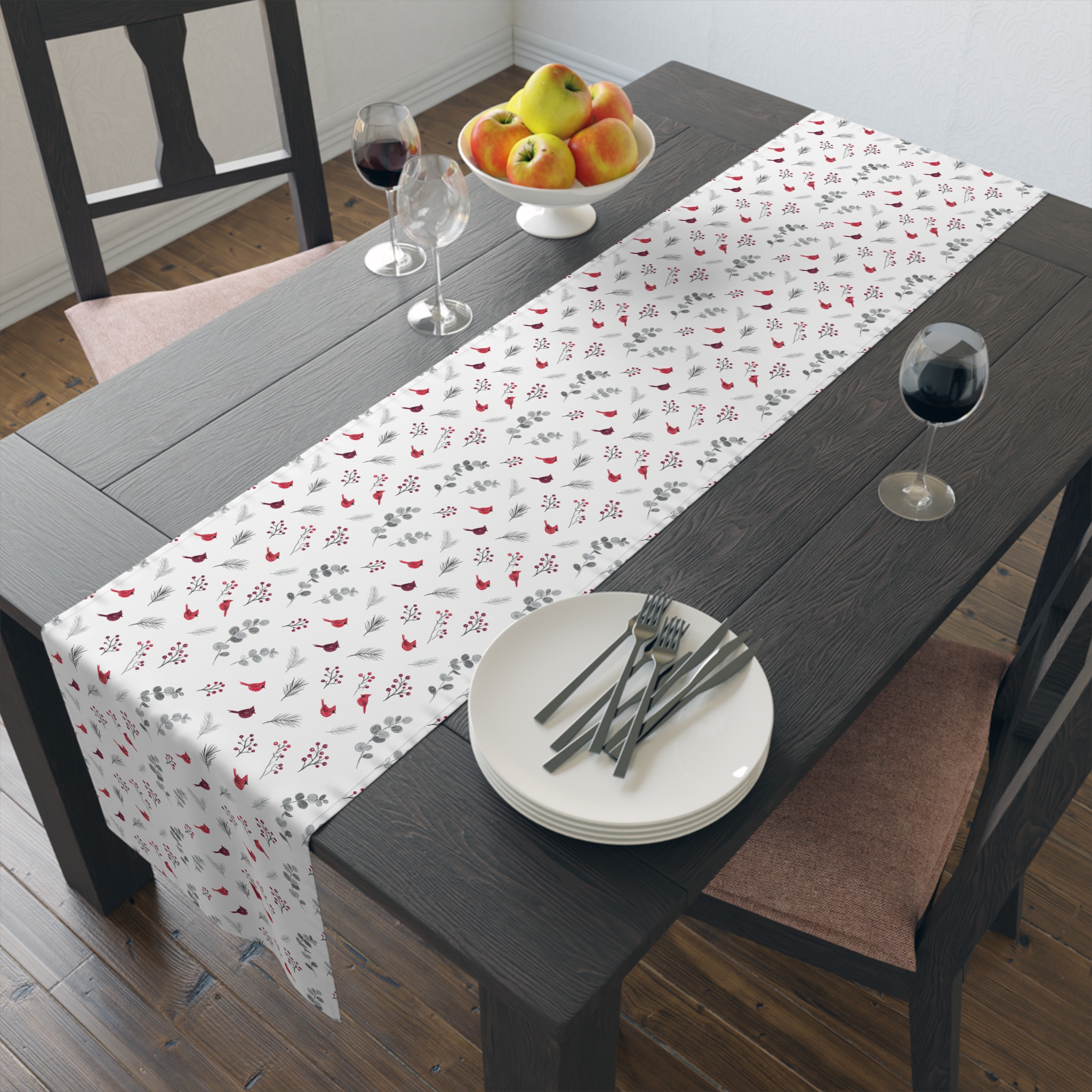Cardinal Table Runner, Red Bird Christmas Table Decor, Botanical Winter Table Runner - Image 2
