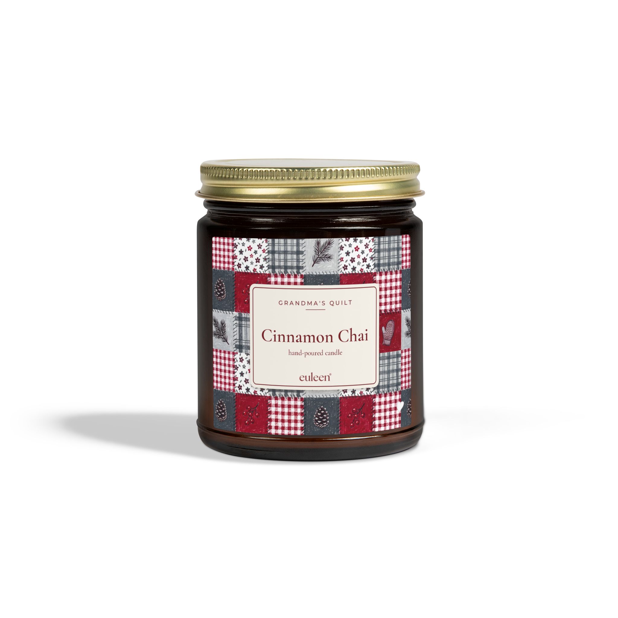 Grandma's Quilt Cinnamon Chai Candle, Patchwork Christmas Decor, Amber or Clear Glass Jar - Image 14