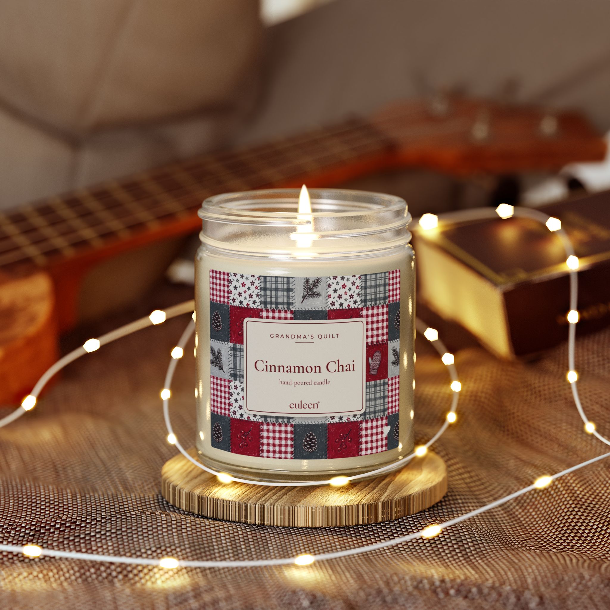 Grandma's Quilt Cinnamon Chai Candle, Patchwork Christmas Decor, Amber or Clear Glass Jar - Image 10