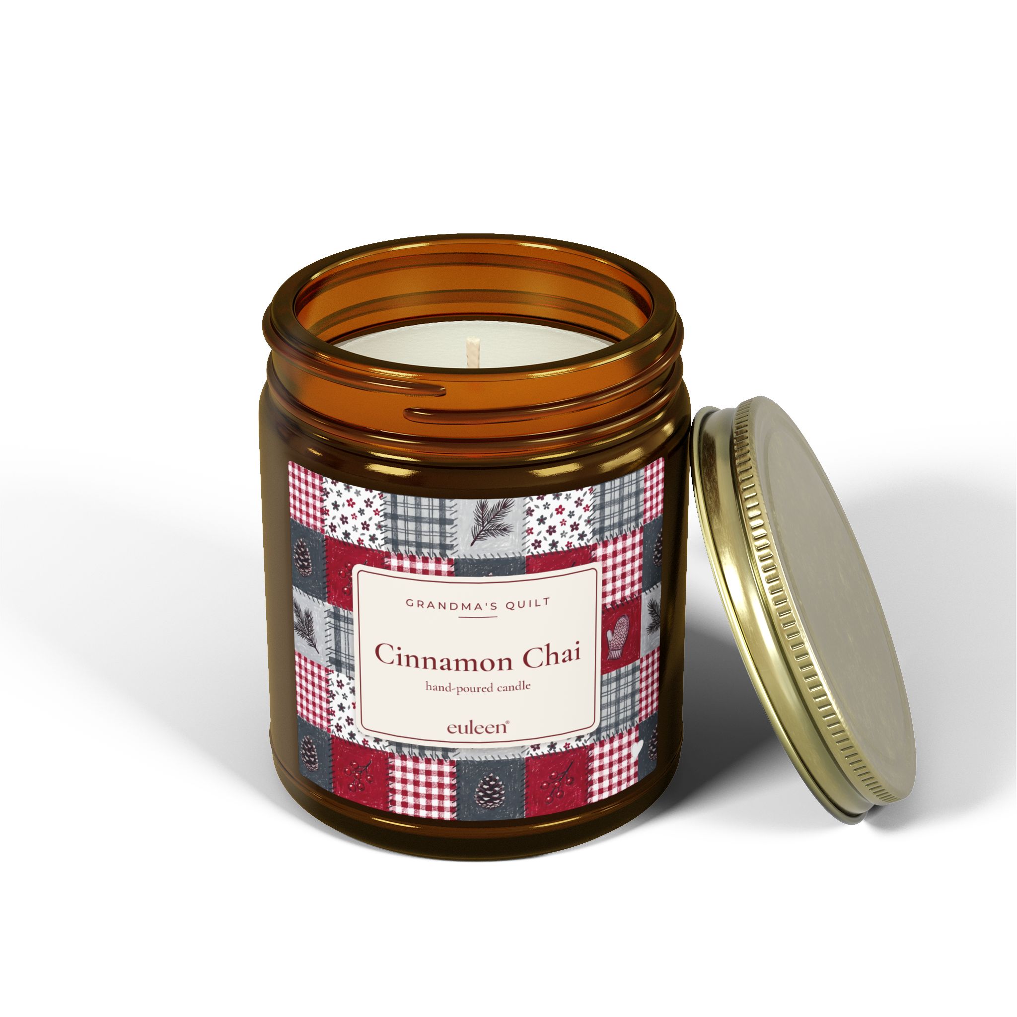 Grandma's Quilt Cinnamon Chai Candle, Patchwork Christmas Decor, Amber or Clear Glass Jar - Image 15