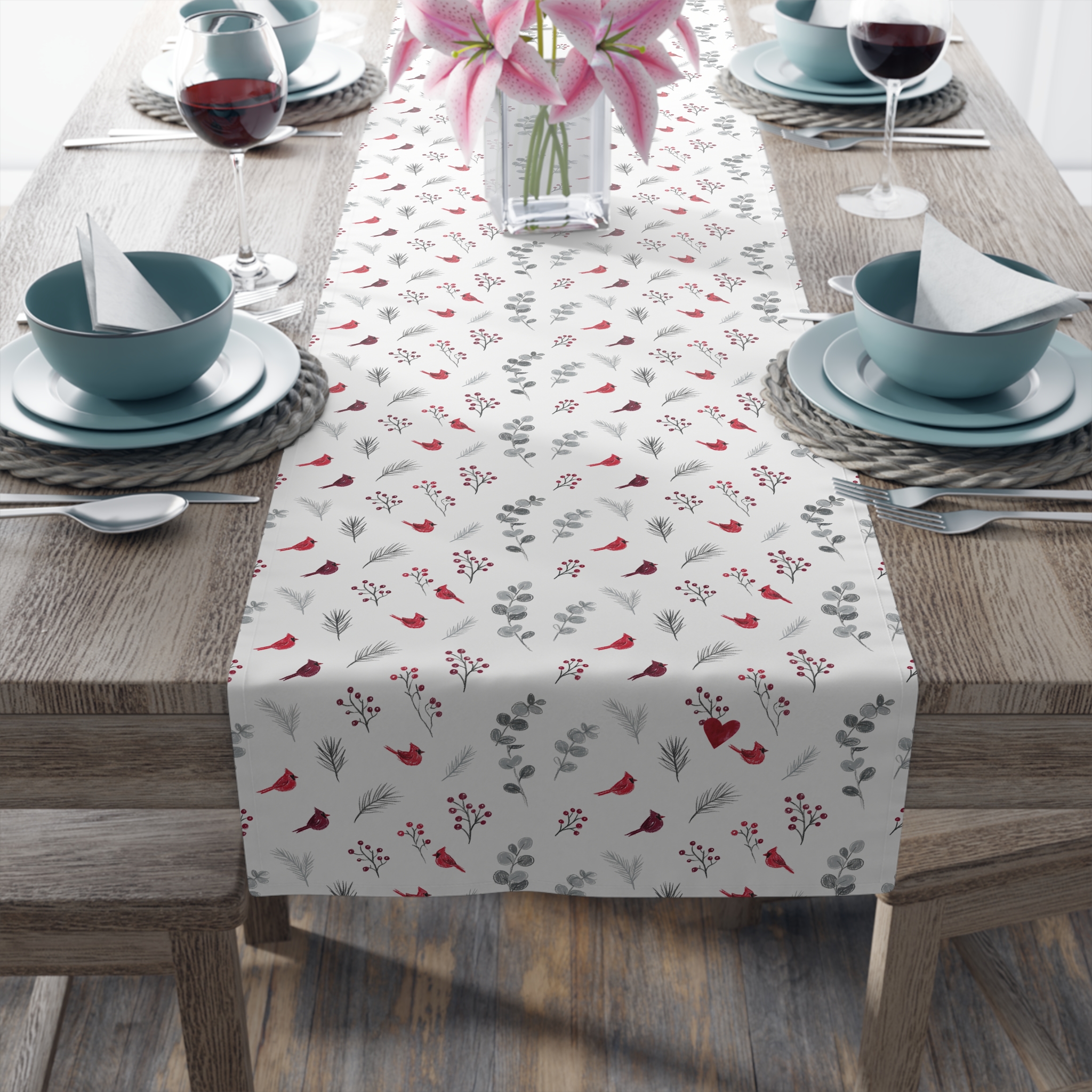 Cardinal Table Runner, Red Bird Christmas Table Decor, Botanical Winter Table Runner - Image 3