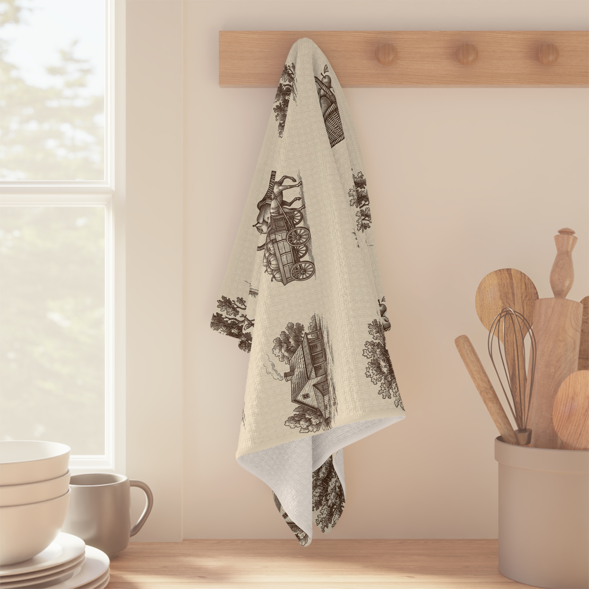Vintage Harvest Toile Tea Towel, Farmhouse Fall Kitchen Towel, Thanksgiving Hostess Gift - Image 3
