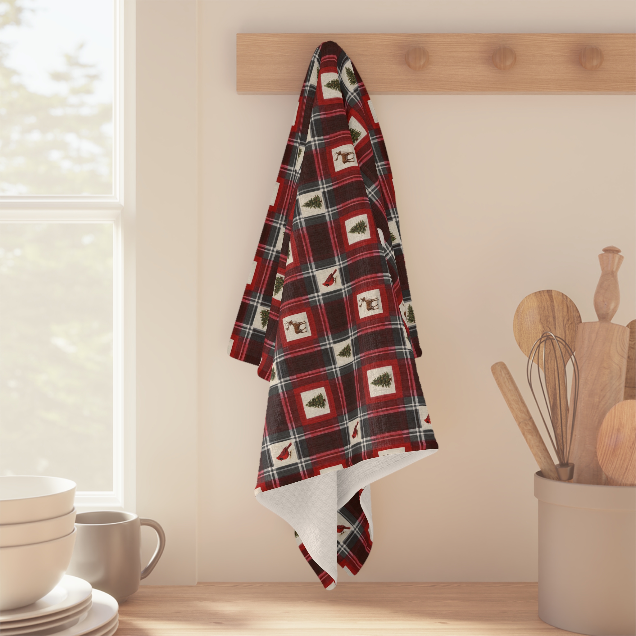 Buffalo Plaid Reindeer Tea Towel, Red and Black Christmas Kitchen Towel, Cabin Hostess Gift - Image 3