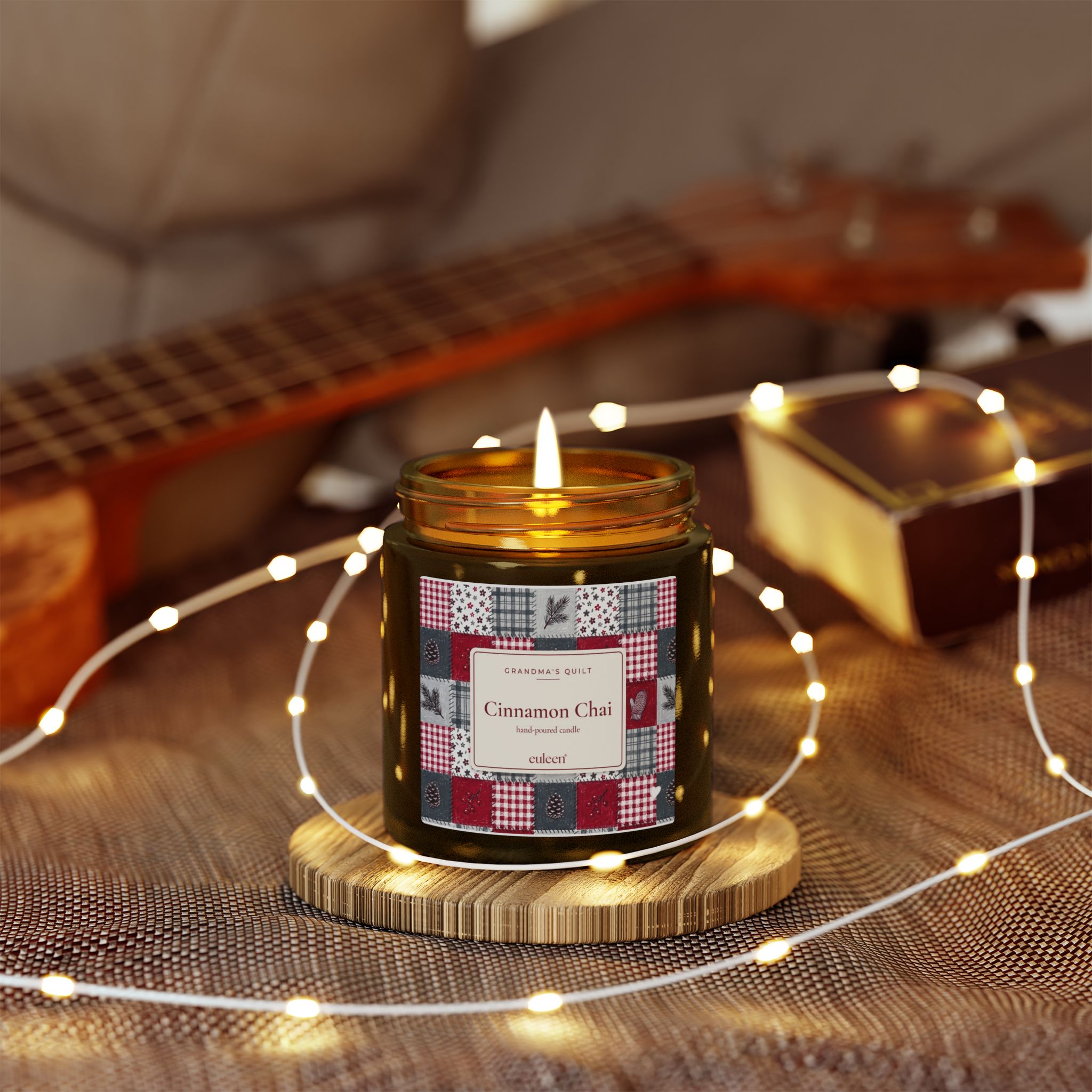 Grandma's Quilt Cinnamon Chai Candle, Patchwork Christmas Decor, Amber or Clear Glass Jar - Image 13