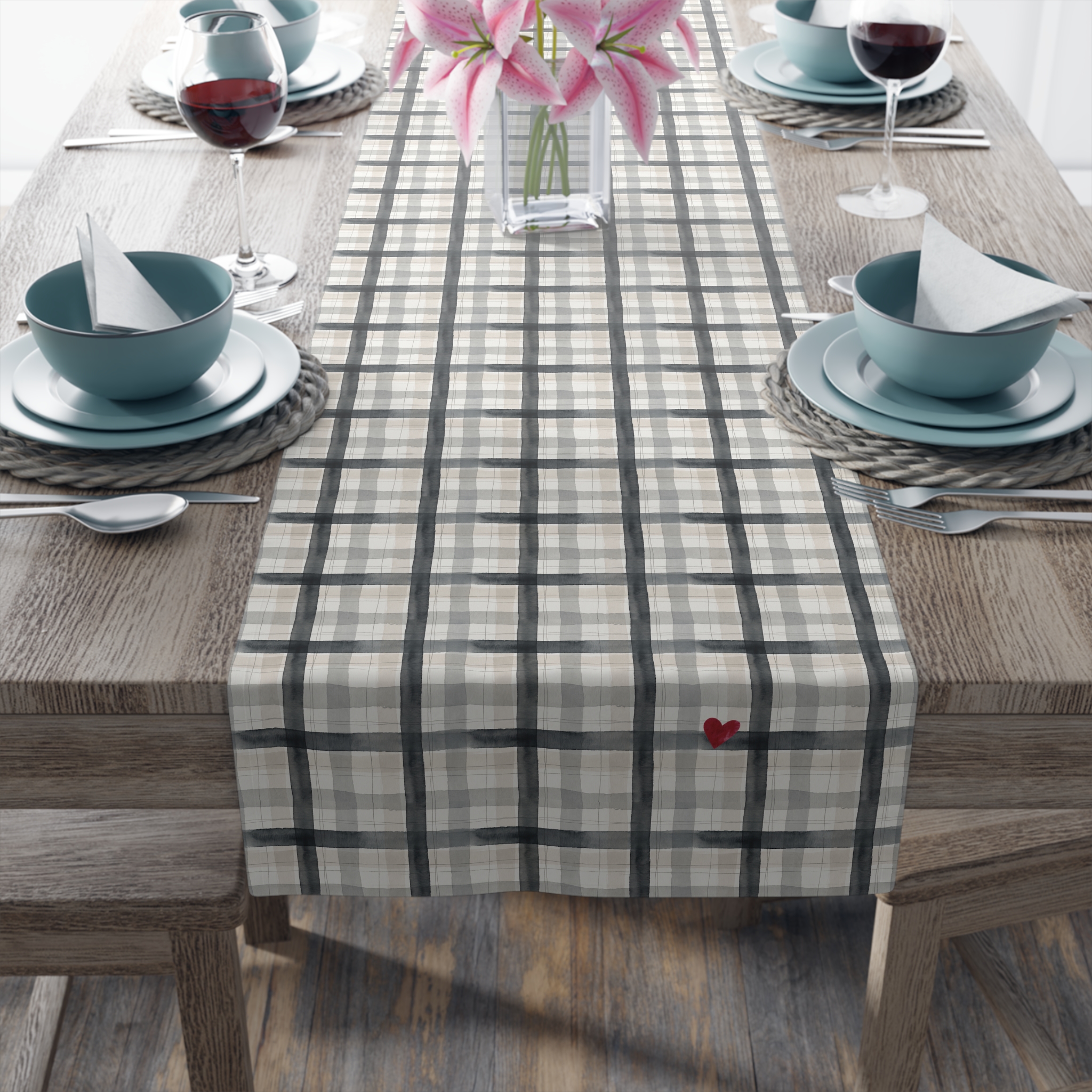 Charcoal Gray Plaid Table Runner, Watercolor Tartan Holiday Table Decor, Neutral Winter Dining - Image 3