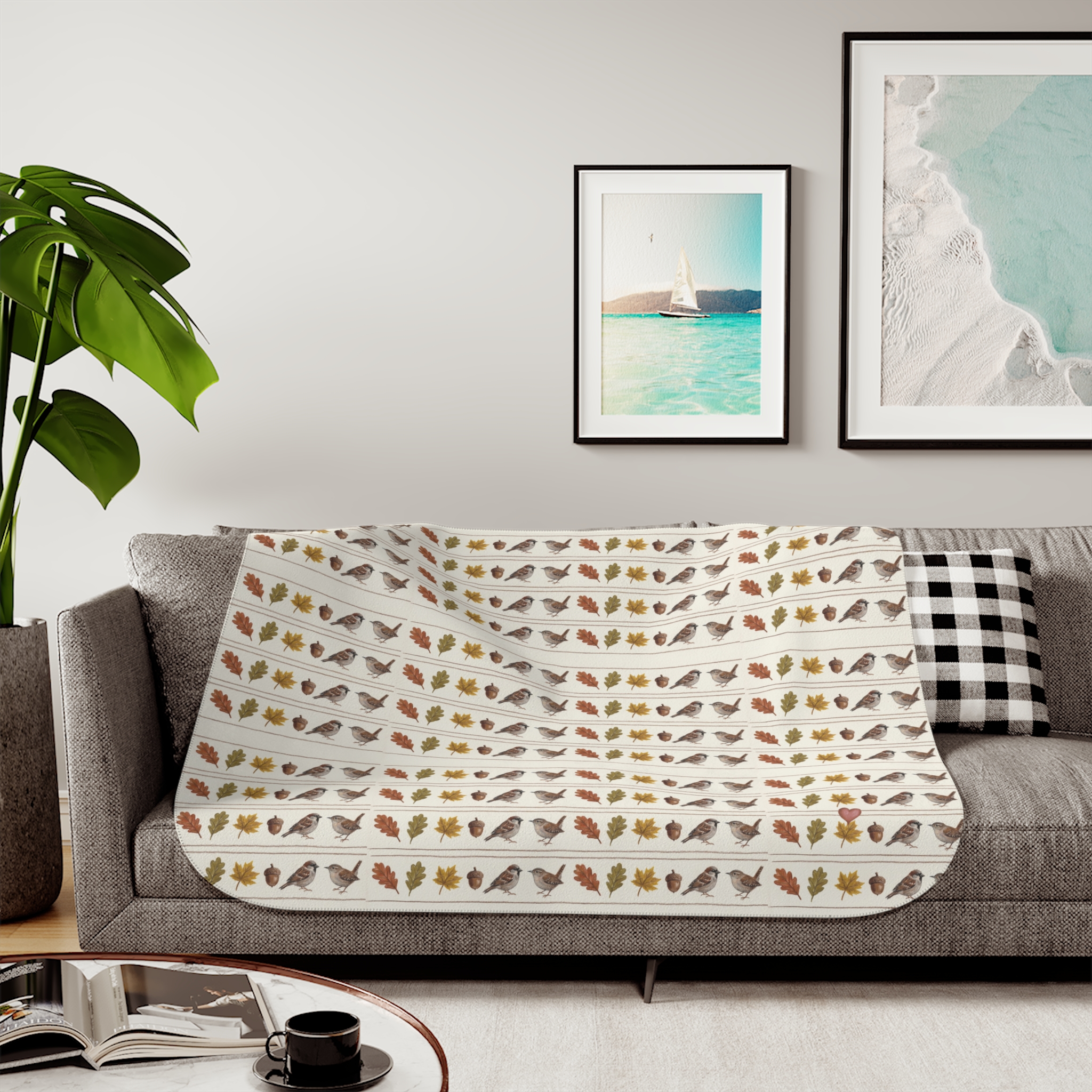 Fall Sparrow Sherpa Blanket, Hand-Drawn Bird Autumn Throw, Cozy Thanksgiving Blanket - Image 3