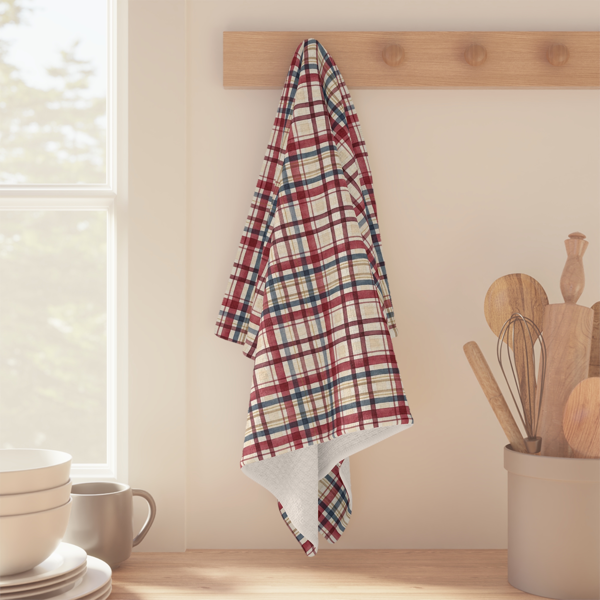 Cranberry and Navy Plaid Tea Towel, Watercolor Check Kitchen Towel, Farmhouse Holiday Decor, Hostess Gift - Image 4