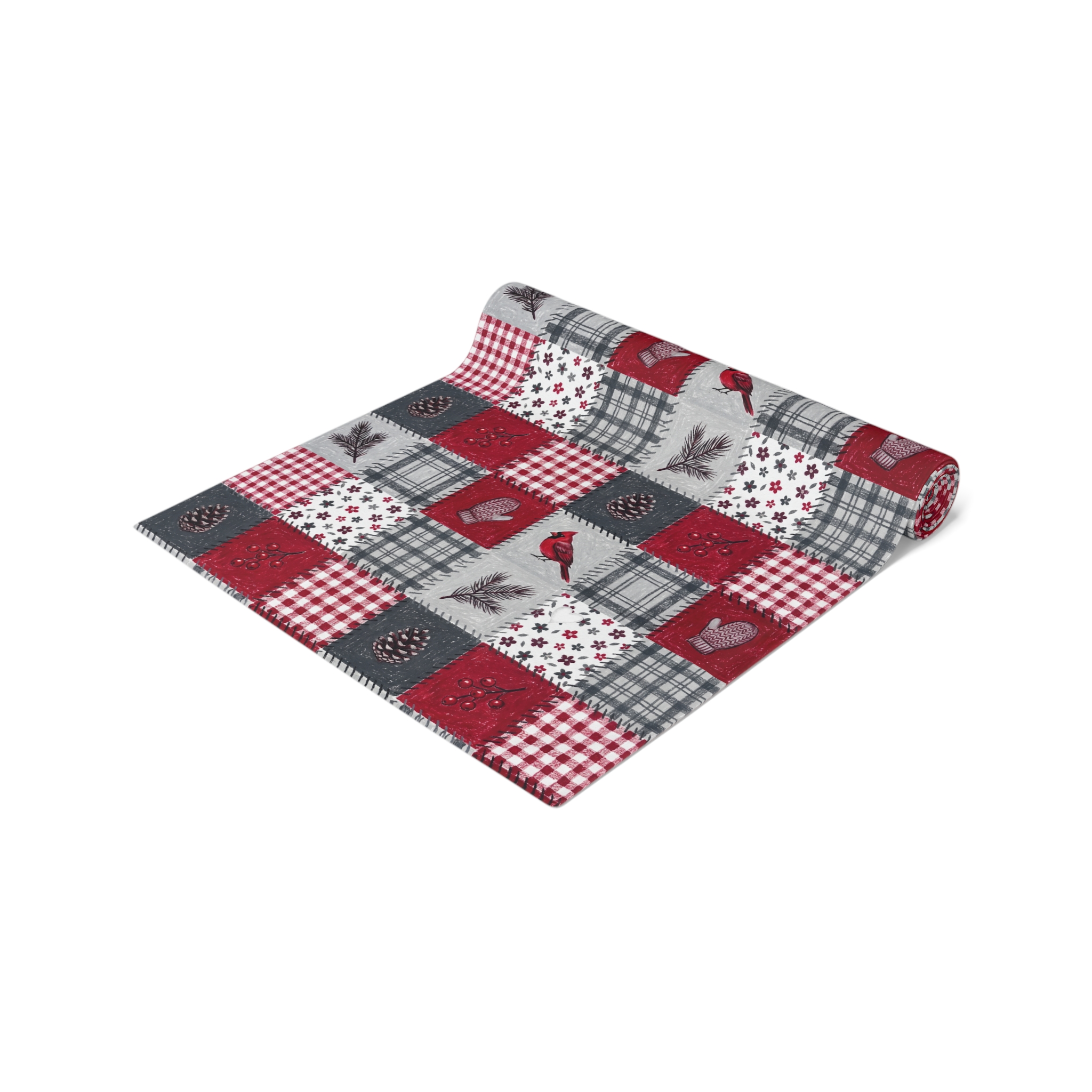 Christmas Patchwork Cardinal Table Runner, Quilt Look Cabin Holiday Table Decor - Image 6