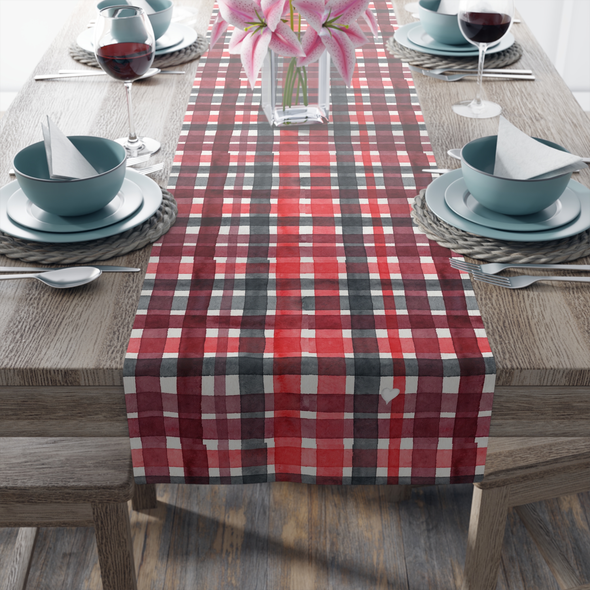 Red and Black Plaid Table Runner, Watercolor Buffalo Check Christmas Table Decor, Cabin Farmhouse Holiday Runner - Image 3