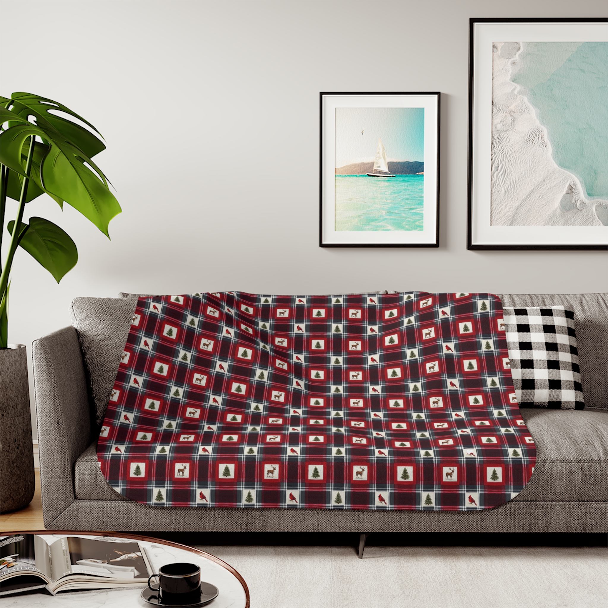 Buffalo Plaid Reindeer Sherpa Blanket, Red and Black Christmas Lodge Throw, Cozy Cabin Holiday Blanket - Image 2
