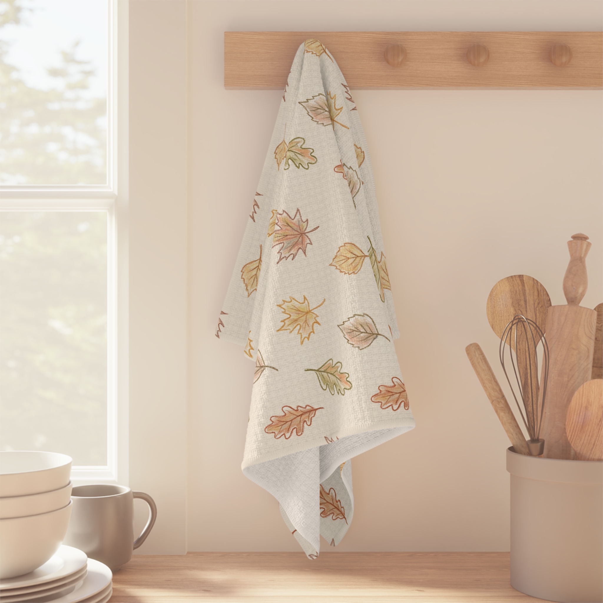 Watercolor Fall Leaves Tea Towel, Neutral Autumn Kitchen Towel, Farmhouse Thanksgiving Hostess Gift - Image 3