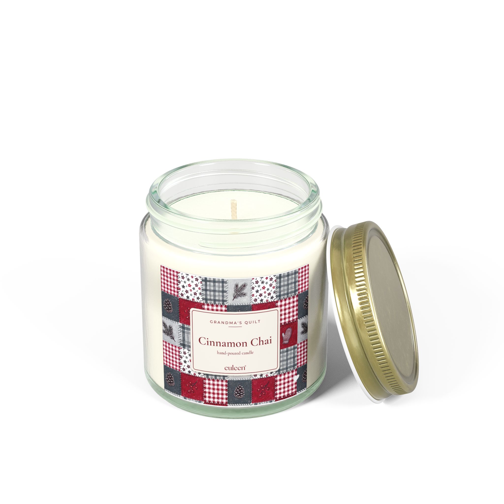 Grandma's Quilt Cinnamon Chai Candle, Patchwork Christmas Decor, Amber or Clear Glass Jar - Image 6