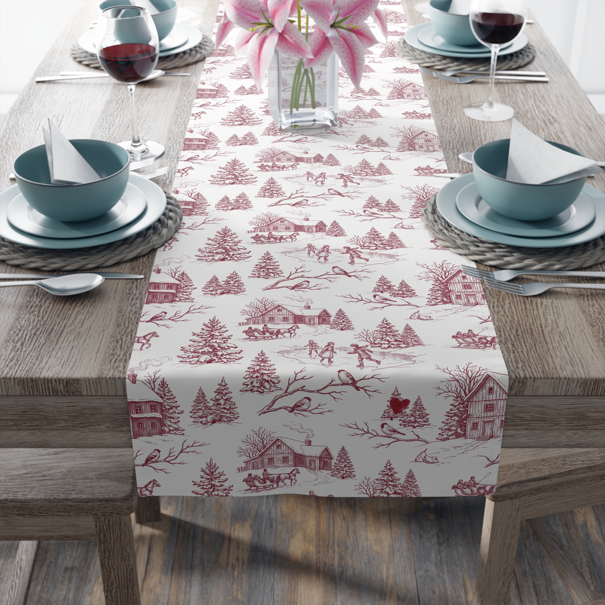 Red Toile Christmas Table Runner, Winter Toile Table Decor, French Country Holiday Runner - Image 4
