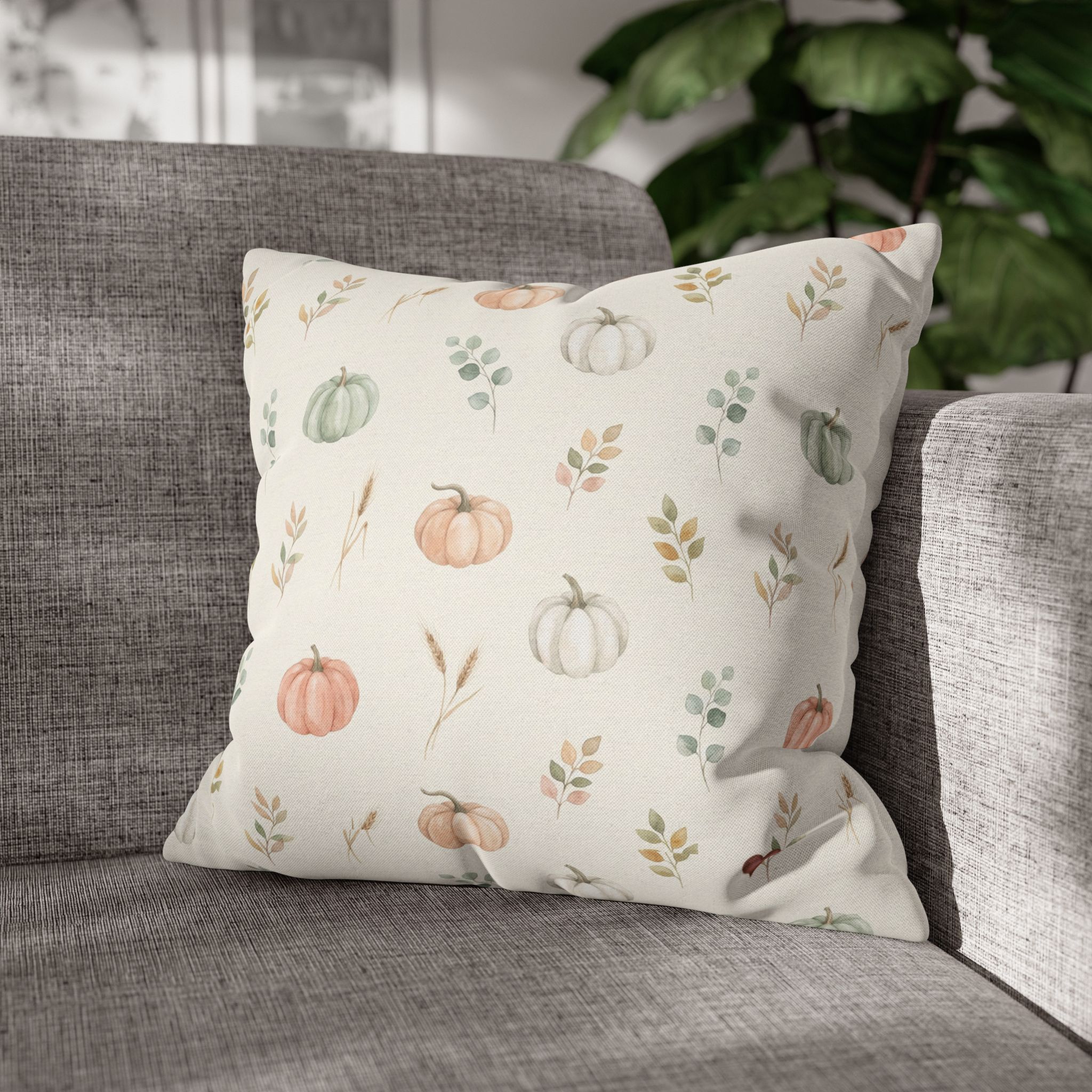 Watercolor Pumpkin Pillow Cover, Sage and Peach Neutral Fall Throw Pillow, Farmhouse Autumn Decor - Image 2