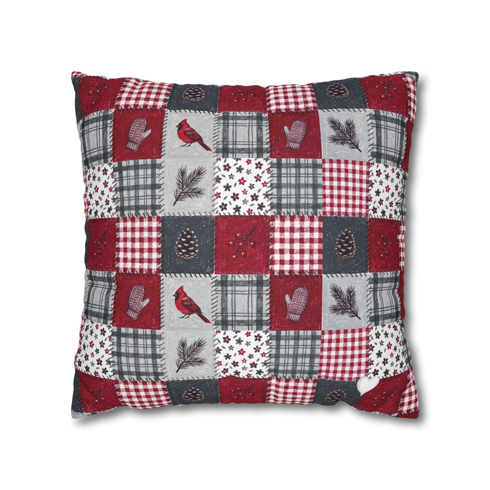 Christmas Patchwork Cardinal Pillow Cover, Quilt Look Cabin Throw Pillow, Holiday Decor - Image 5