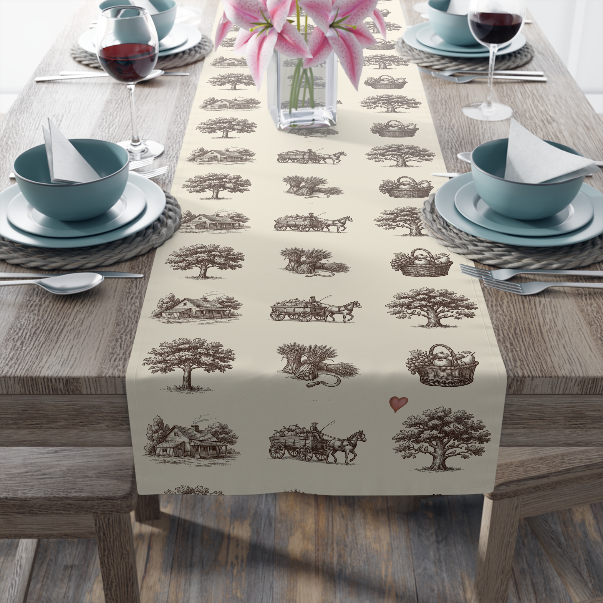 Vintage Harvest Toile Table Runner, Farmhouse Thanksgiving Table Decor, Fall Toile Runner - Image 4