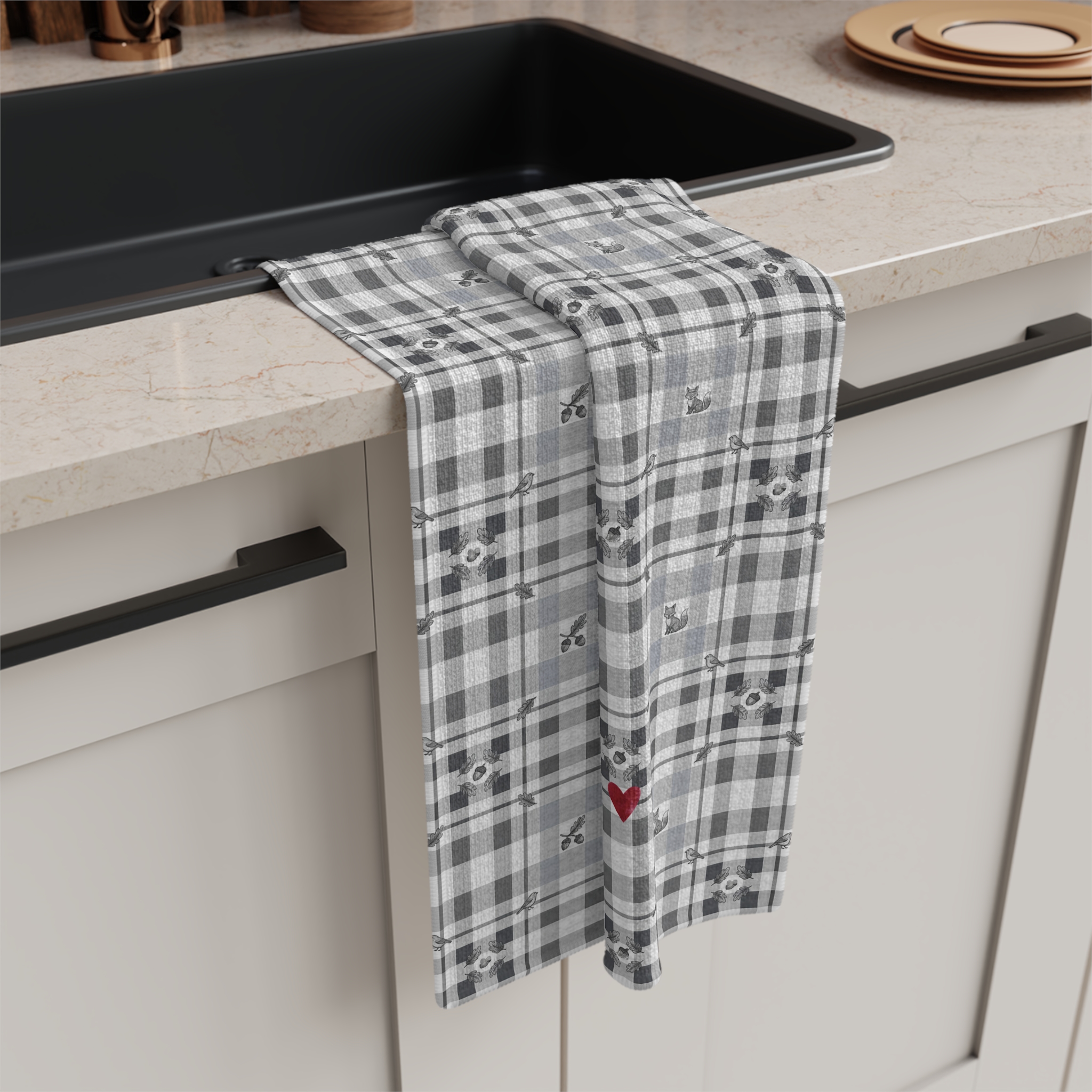 Woodland Grey Plaid Tea Towel, Neutral Winter Kitchen Towel, Cabin Farmhouse Hostess Gift - Image 3