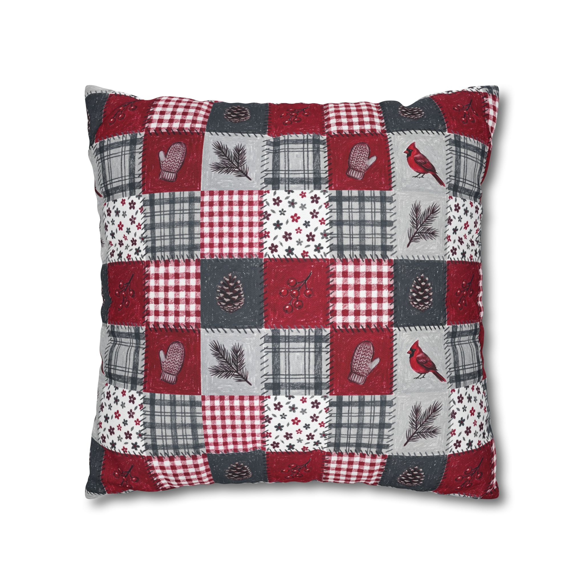 Christmas Patchwork Cardinal Pillow Cover, Quilt Look Cabin Throw Pillow, Holiday Decor - Image 6
