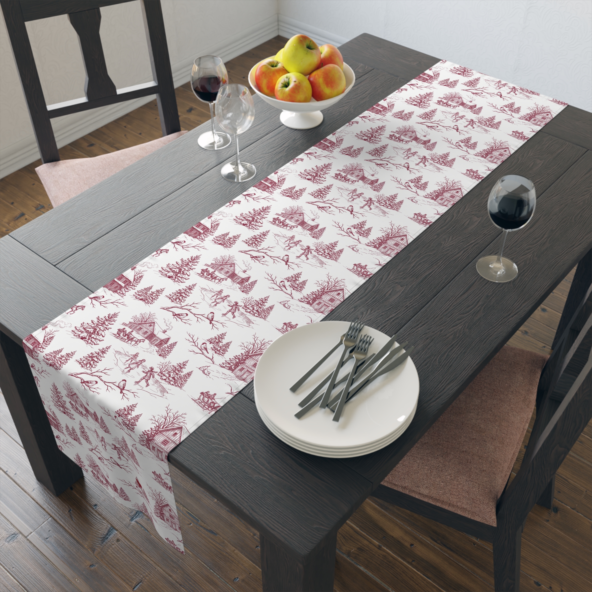 Red Toile Christmas Table Runner, Winter Toile Table Decor, French Country Holiday Runner - Image 3