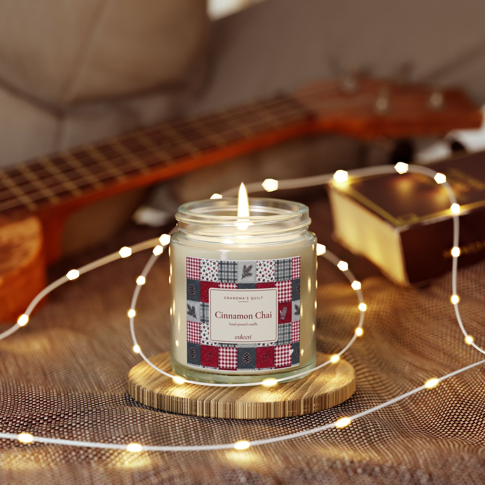Grandma's Quilt Cinnamon Chai Candle, Patchwork Christmas Decor, Amber or Clear Glass Jar - Image 7