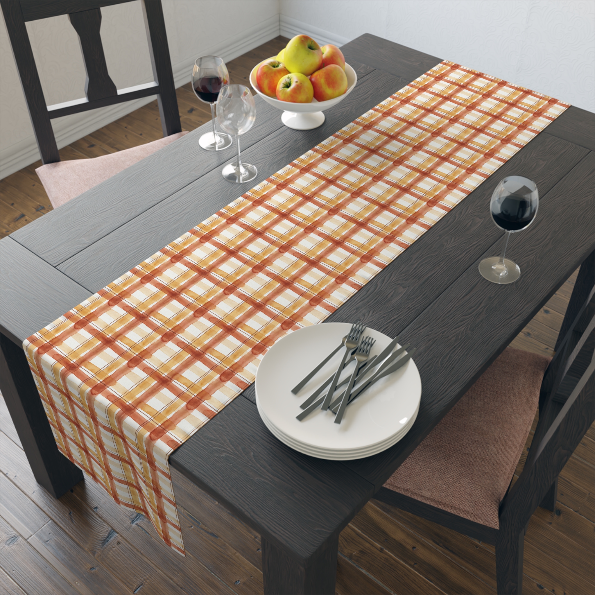 Rust Plaid Table Runner, Watercolor Terracotta Fall Table Decor, Farmhouse Thanksgiving Runner - Image 2