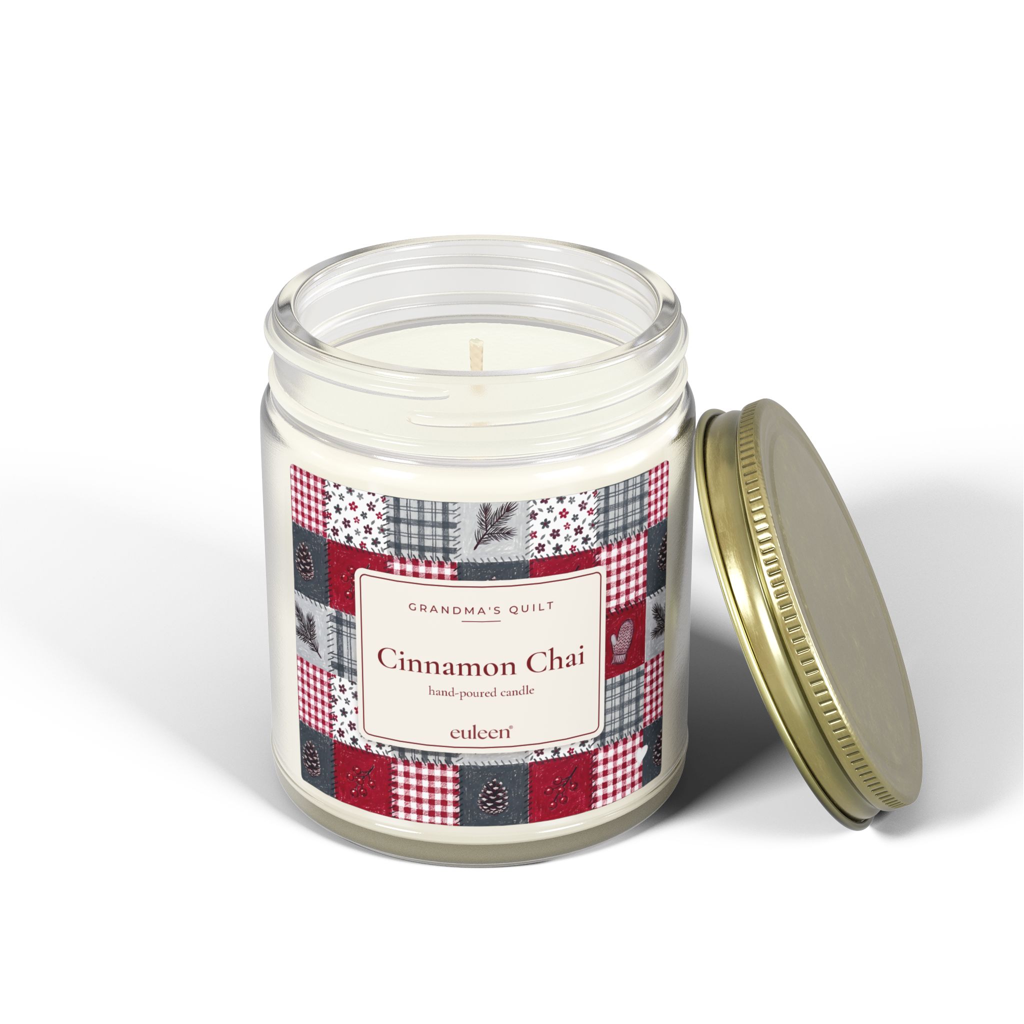 Grandma's Quilt Cinnamon Chai Candle, Patchwork Christmas Decor, Amber or Clear Glass Jar - Image 9
