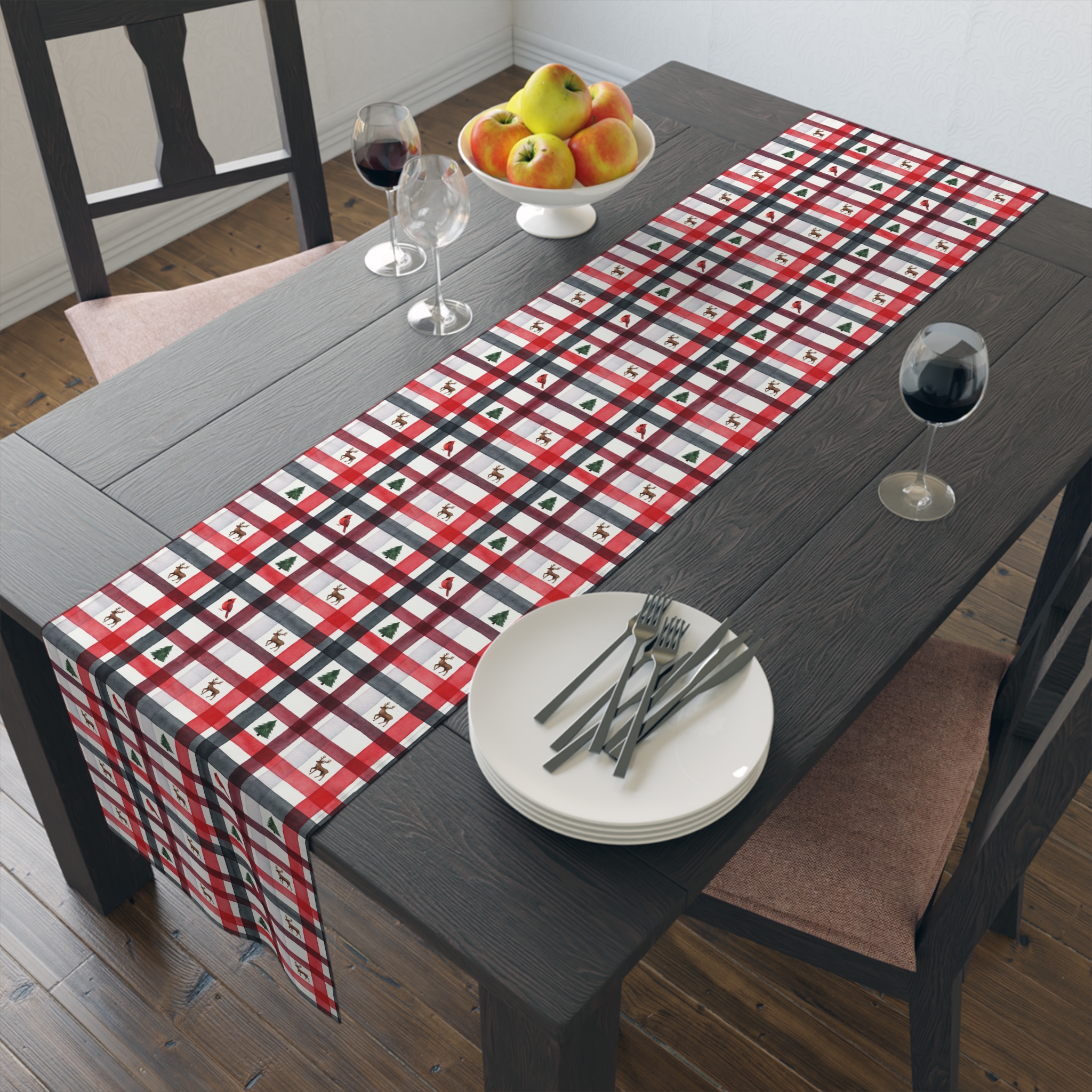 Red and White Christmas Plaid Table Runner, Reindeer Cabin Holiday Table Decor, Watercolor Plaid Runner - Image 2