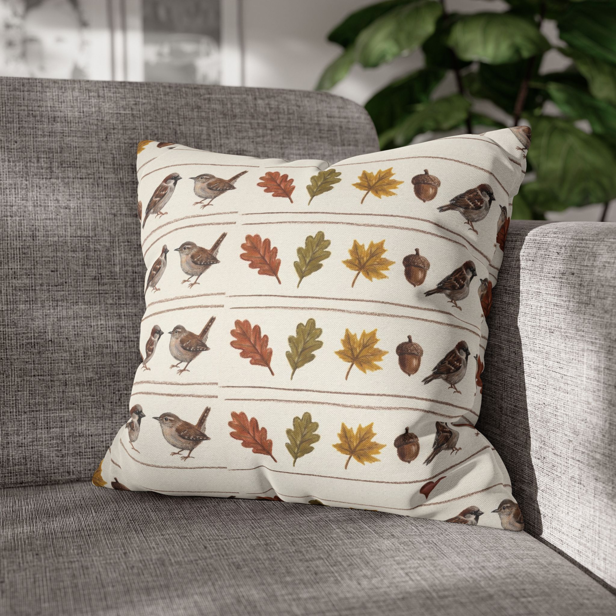 Fall Sparrow Pillow Cover, Hand-Drawn Bird Autumn Throw Pillow, Thanksgiving Decor - Image 2