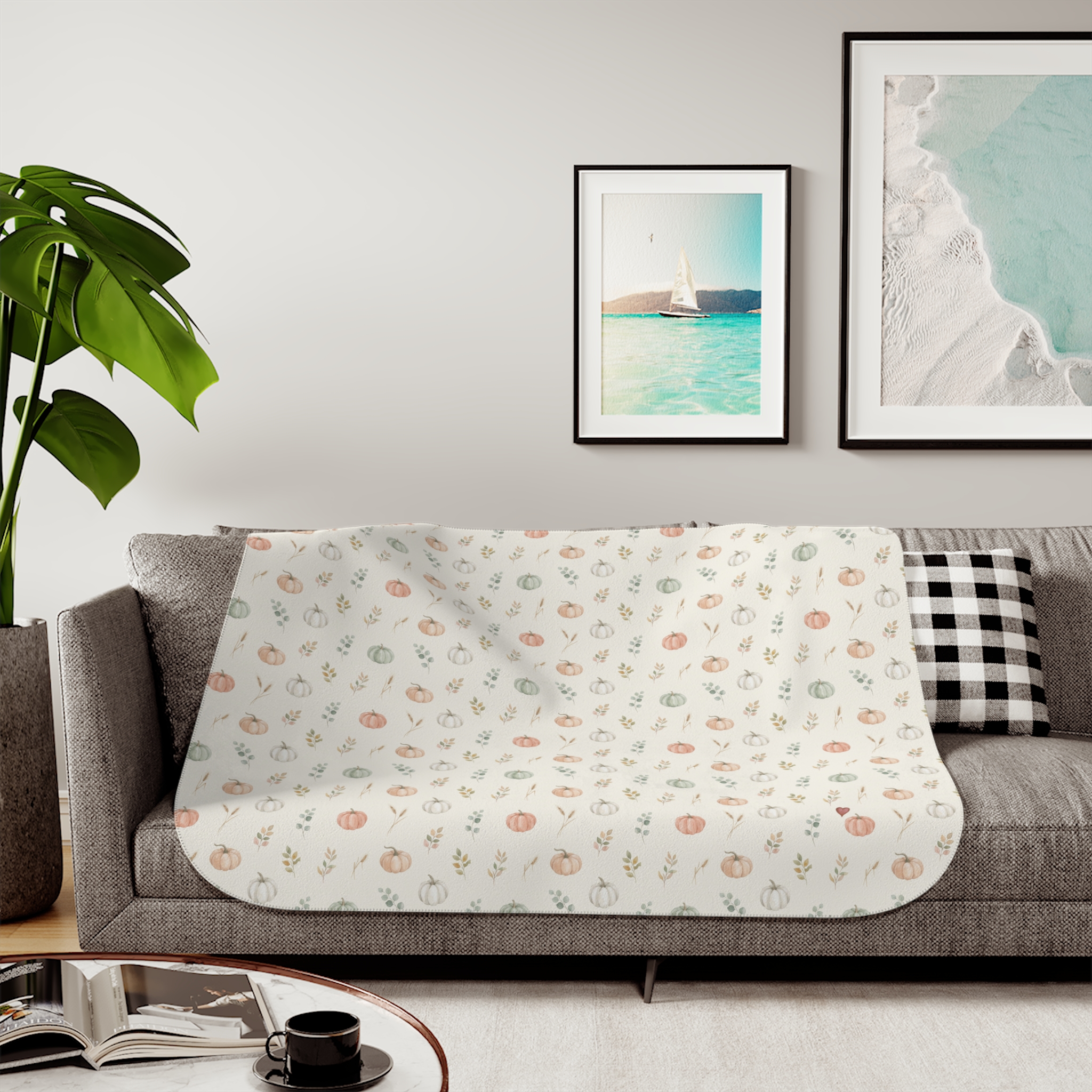 Watercolor Pumpkin Sherpa Blanket, Sage and Peach Neutral Fall Throw, Cozy Thanksgiving Blanket - Image 3
