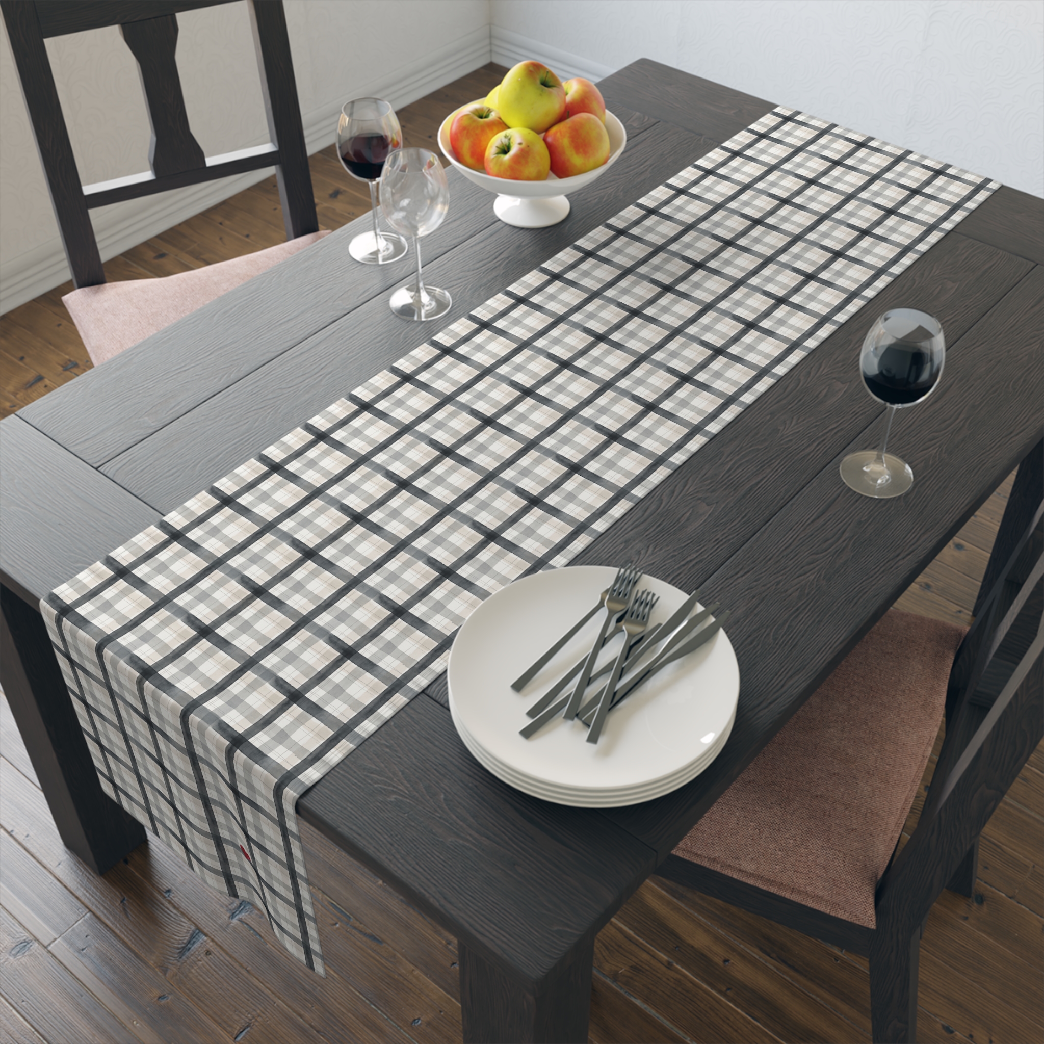 Charcoal Gray Plaid Table Runner, Watercolor Tartan Holiday Table Decor, Neutral Winter Dining - Image 2