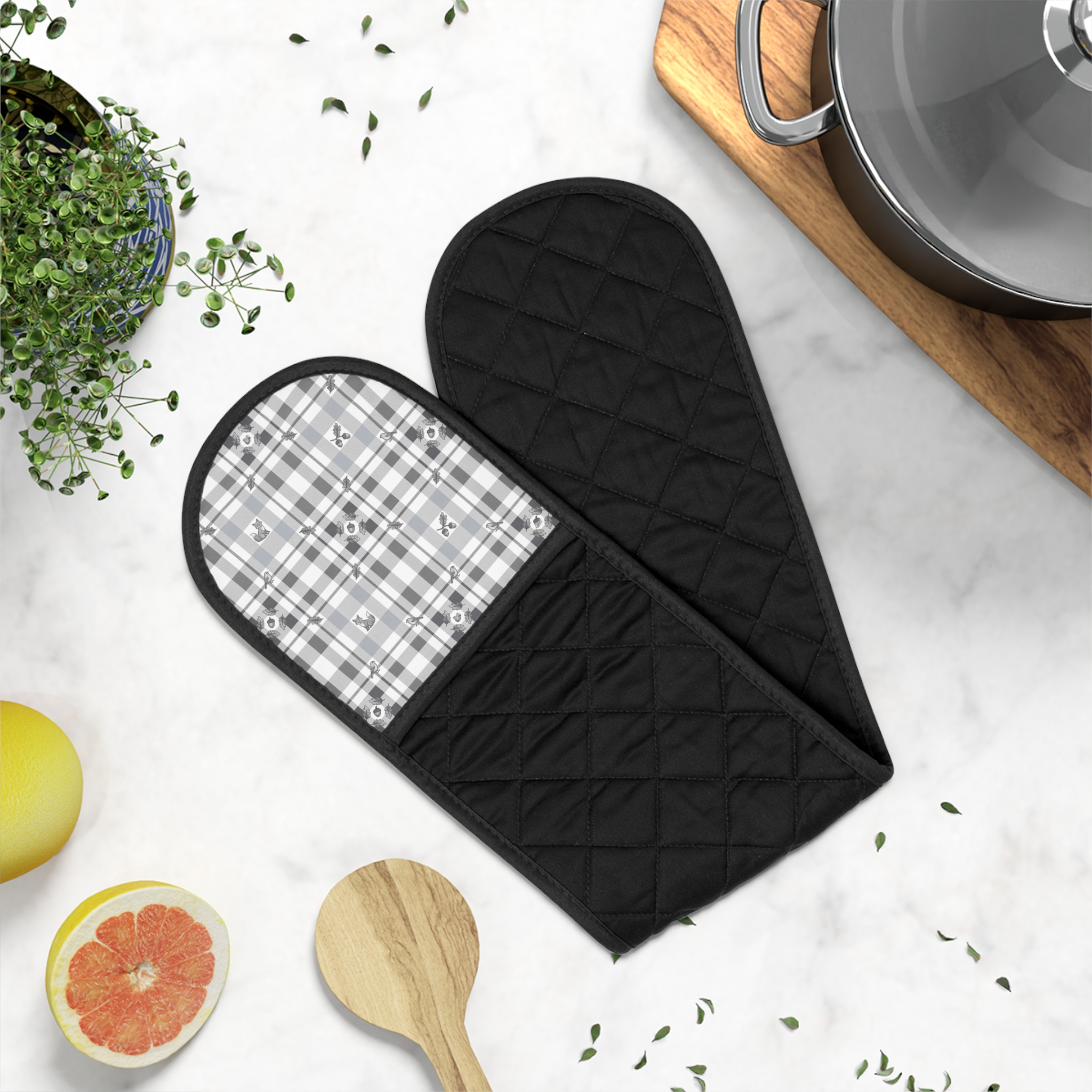 Woodland Grey Plaid Oven Mitt, Neutral Winter Double Oven Glove, Cabin Farmhouse Baker Gift - Image 3